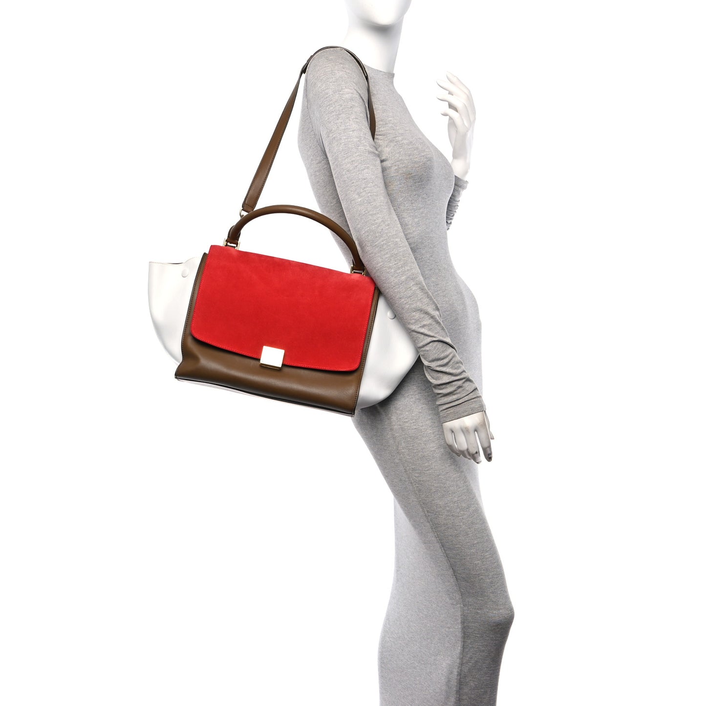 Smooth Calfskin Suede Medium Tri-Color Trapeze Vermillion