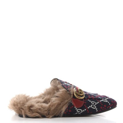 Gucci Canvas GG Monogram Diamond Fur Web GG Mens Princetown Slippers 6 Midnight Blue Hibiscus Red 4 of 8