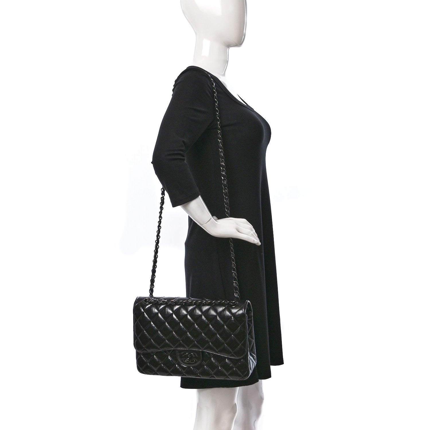 Chanel Shiny Distressed Calfskin Quilted Jumbo Double Flap So Black 2 of 10