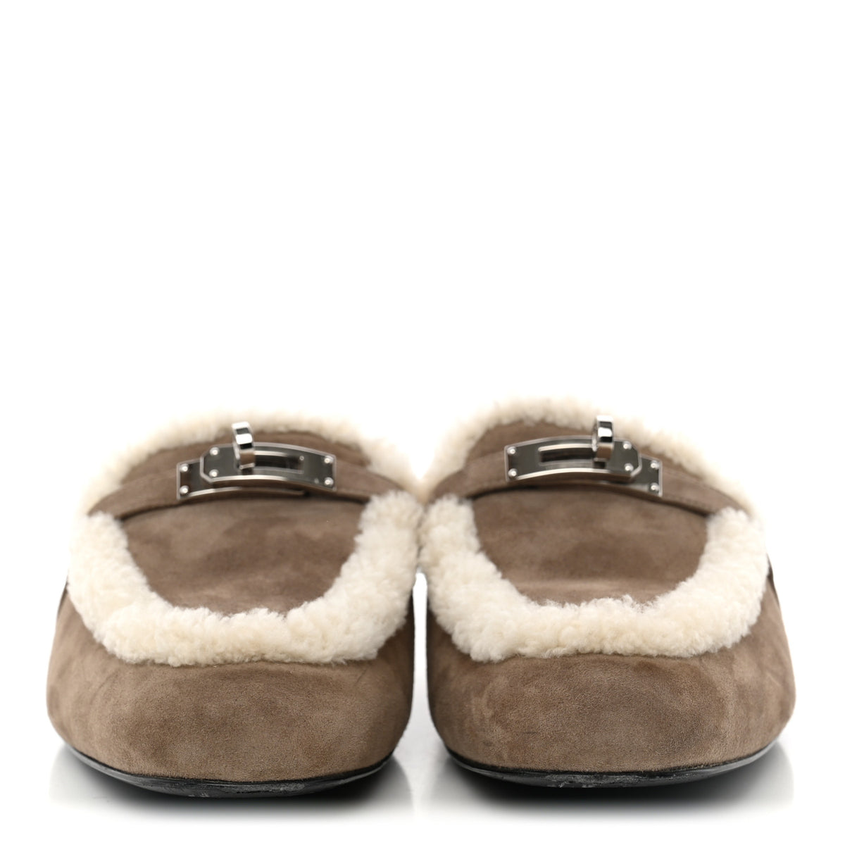 Hermes Suede Goatskin Shearling Womens Oz Mules 39 Etoupe Ecru 3 of 13