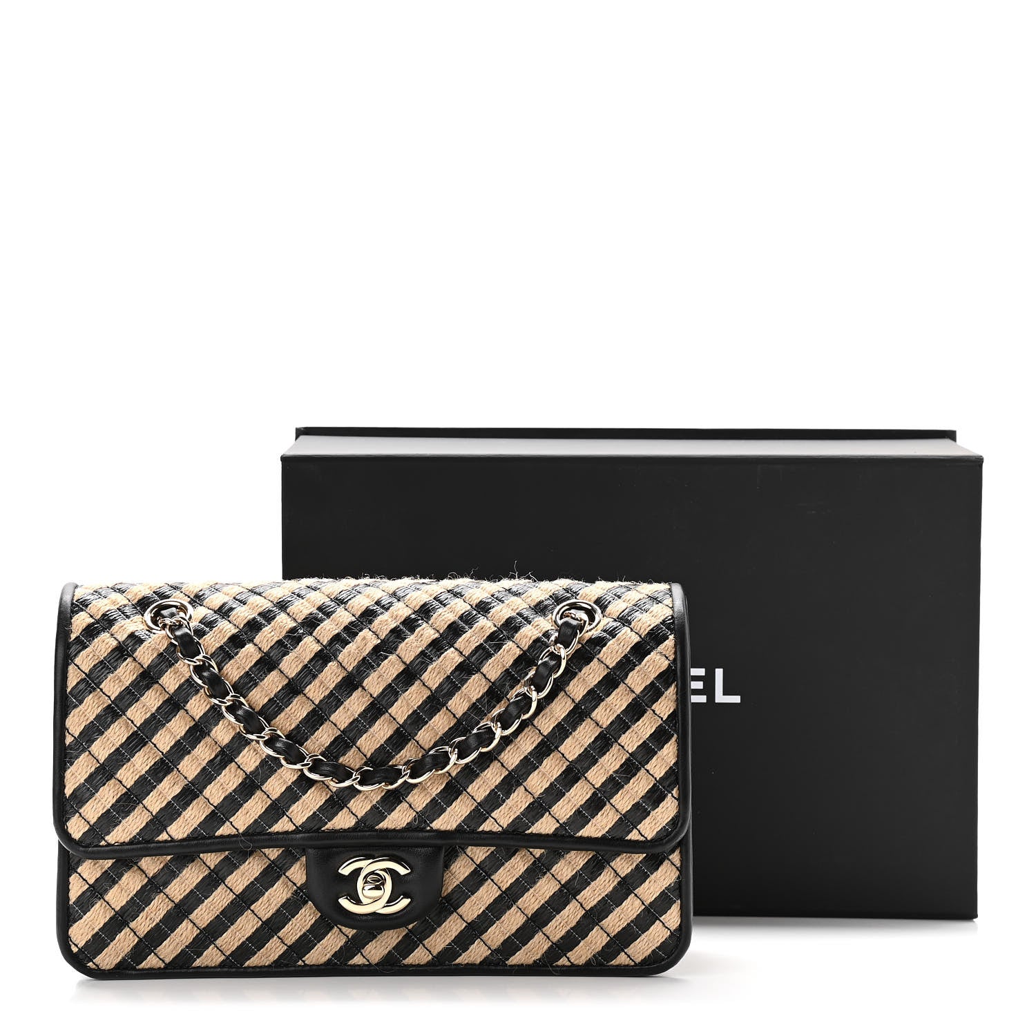 Chanel Raffia Jute Striped Medium Single Flap Black Beige 12 of 12