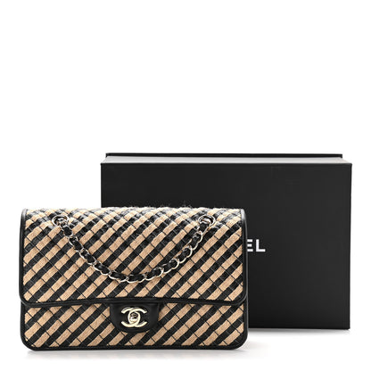 Chanel Raffia Jute Striped Medium Single Flap Black Beige 12 of 12