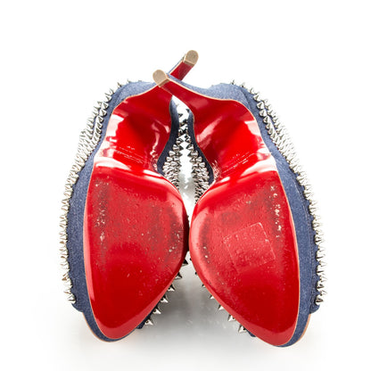 Christian Louboutin Denim Lady Peep Spikes 150 Pumps 39 Blue Arancio 5 of 8