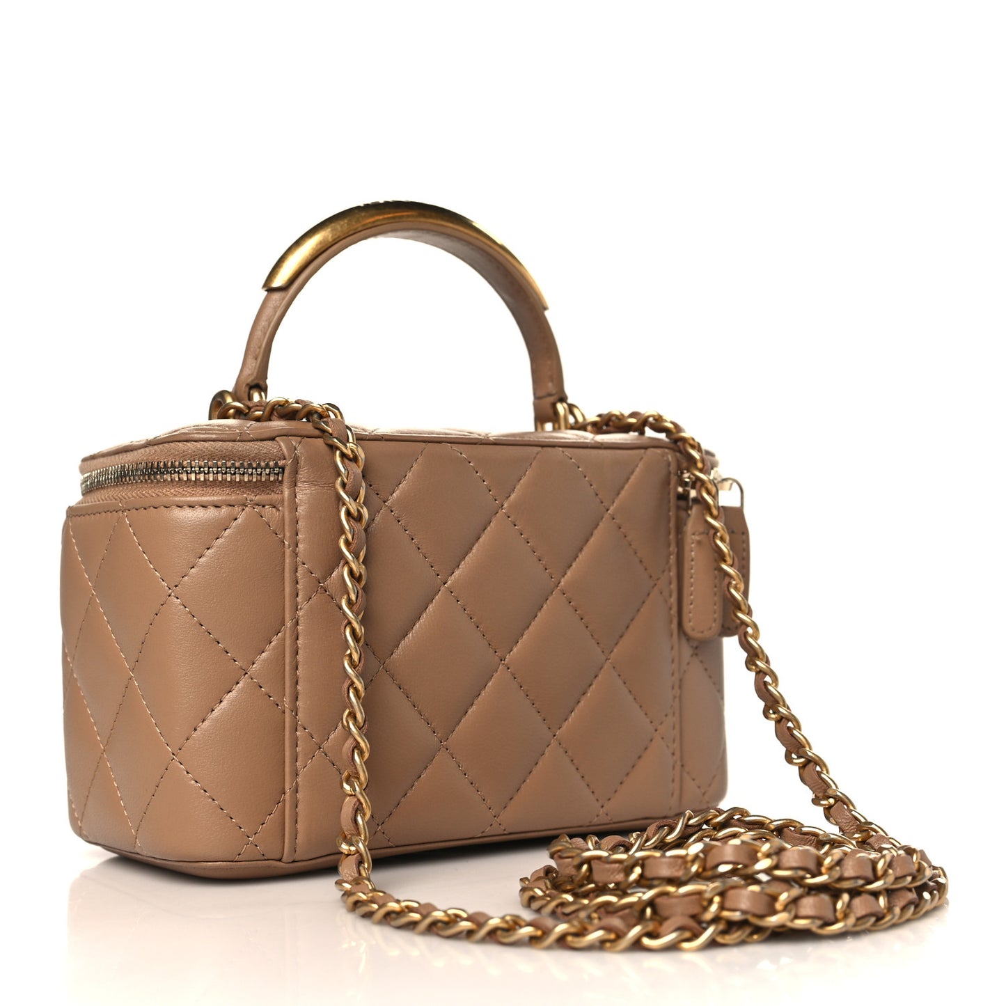 Lambskin Quilted Metal Small Top Handle Vanity Case With Chain Beige
