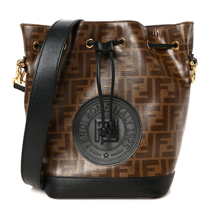 Fendi Glazed Fabric Vitello Grace F is Fendi FF 1974 Stamp Patch Grande Mon Tresor Bucket Bag Mogano Panna Black 1 of 12