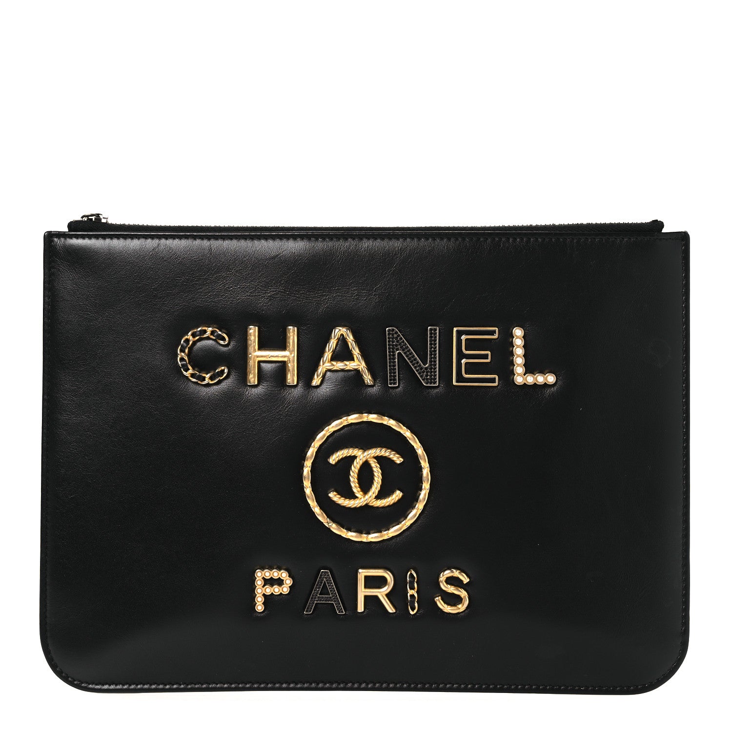 Chanel Shiny Calfskin Crystal Pearl Logo Cosmetic Case Black 1 of 11