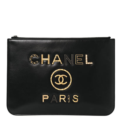 Chanel Shiny Calfskin Crystal Pearl Logo Cosmetic Case Black 1 of 11
