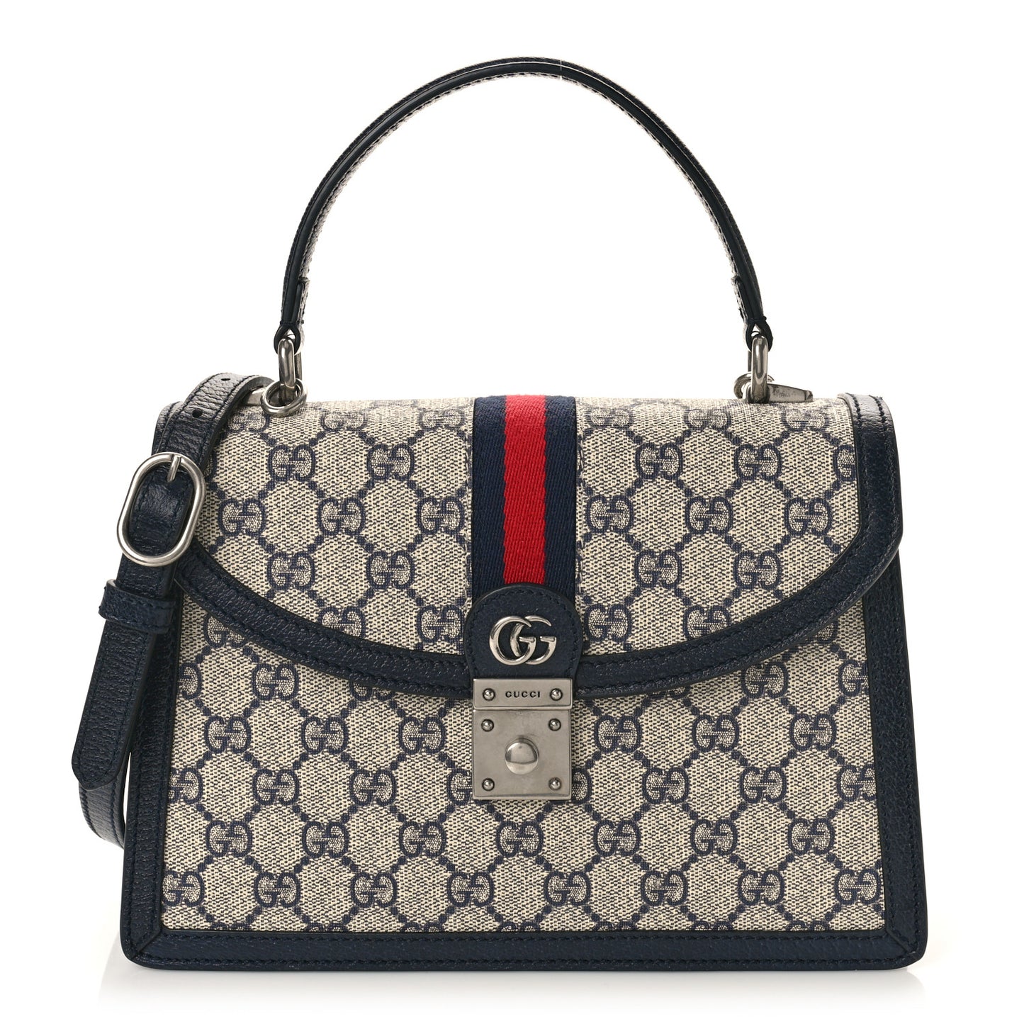 GG Supreme Monogram Textured Dollar Calfskin Web Small Ophidia Padlock Top Handle Bag Beige Blue