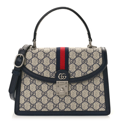 Gucci GG Supreme Monogram Textured Dollar Calfskin Web Small Ophidia Padlock Top Handle Bag Beige Blue 1 of 8