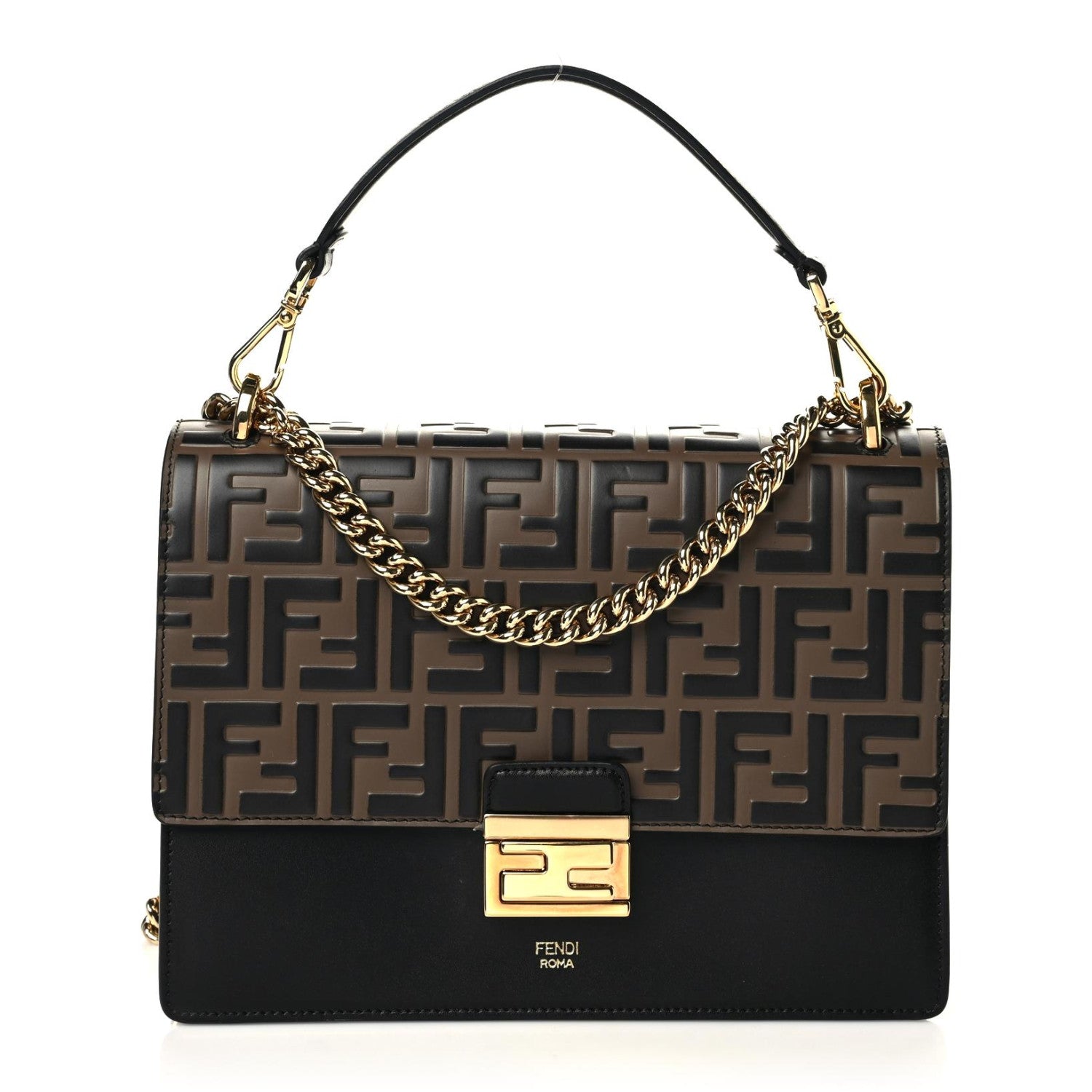 Fendi Vitello Liberty Bi-Color FF 1974 Embossed Chain Strap Kan U Shoulder Bag Black Maya 1 of 9