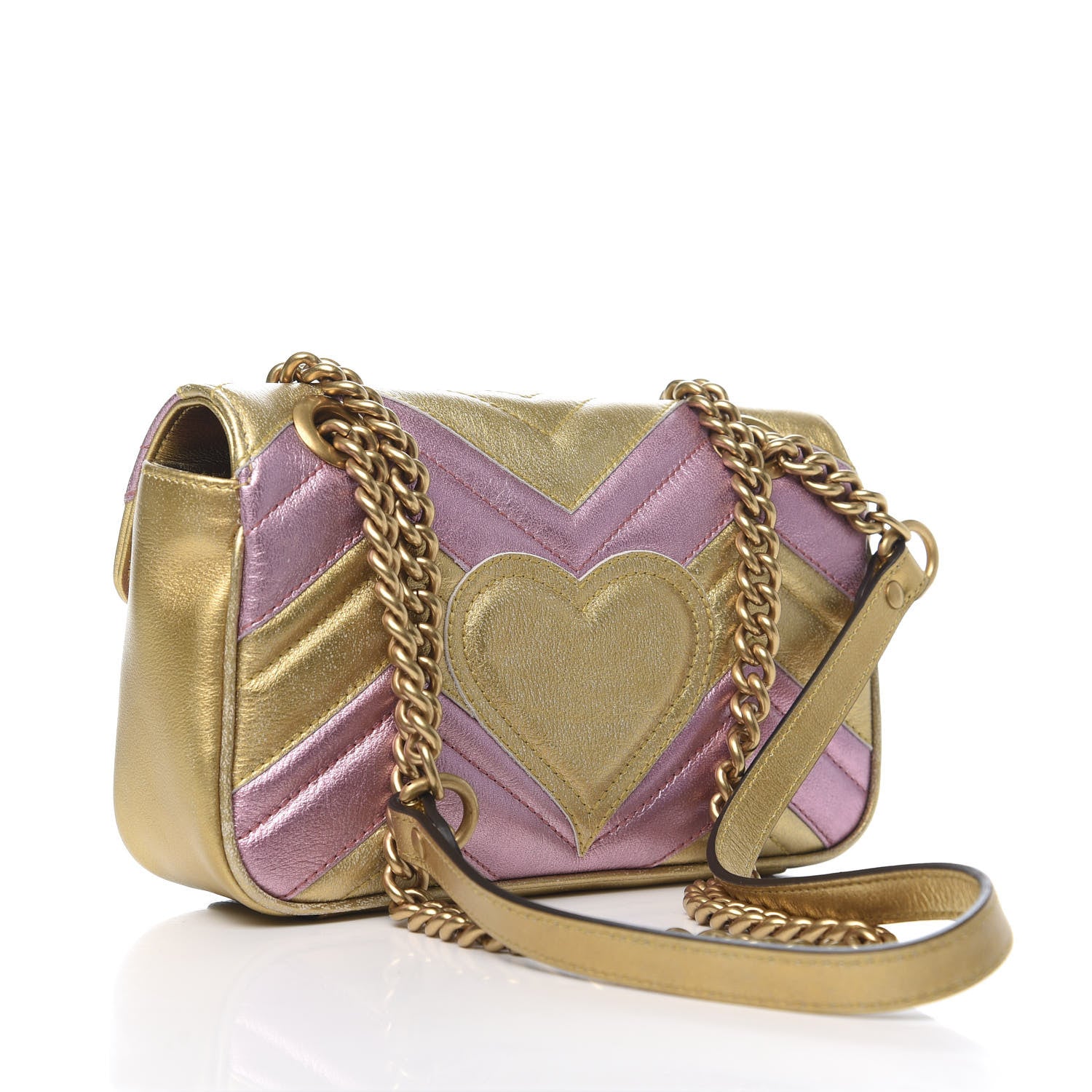 Gucci Metallic Calfskin Matelasse Mini GG Marmont Shoulder Bag Gold Pink 2 of 9