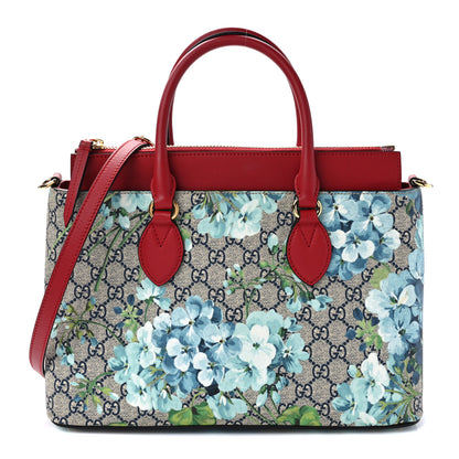 Gucci GG Supreme Monogram Blooms Medium Zip Top Tote Beige Blue Navy Hibiscus Red 1 of 9