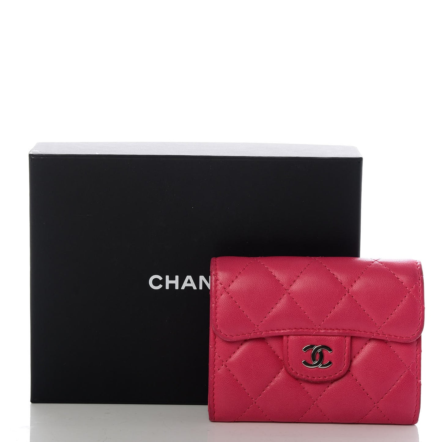 Lambskin Quilted Flap Card Holder Wallet Dark Pink