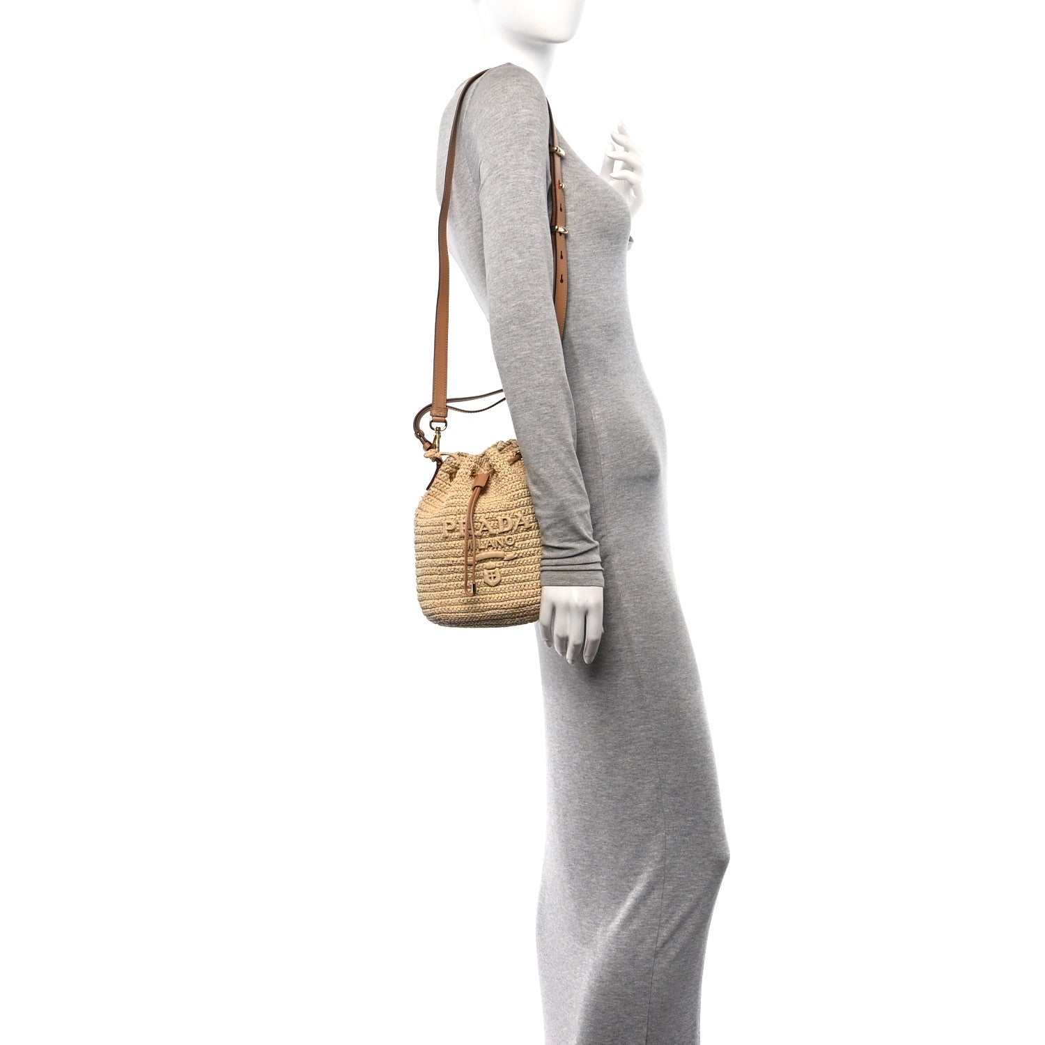 Prada Yarn Raffia Effect Crochet Small Bucket Bag Naturale 2 of 10