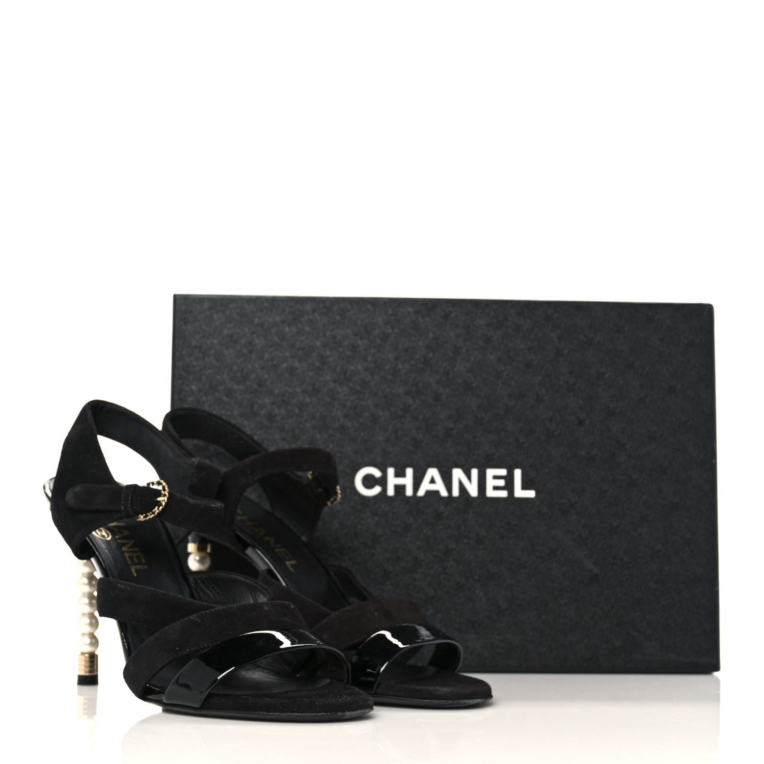 Chanel Kid Suede Patent Pearl Sandals 37 Black 11 of 11