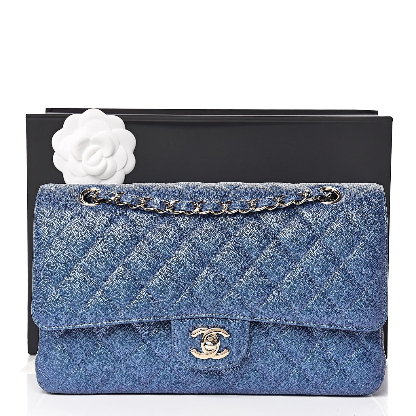 Iridescent Caviar Quilted Medium Double Flap Dark Blue