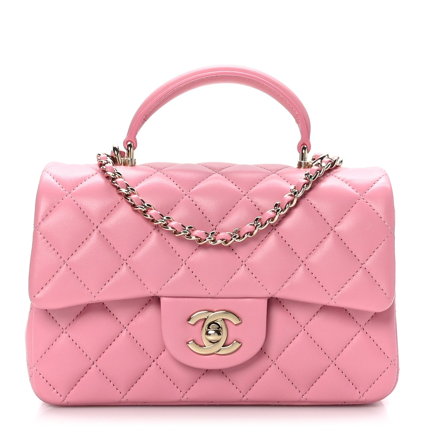 Lambskin Quilted Mini Top Handle Rectangular Flap Pink