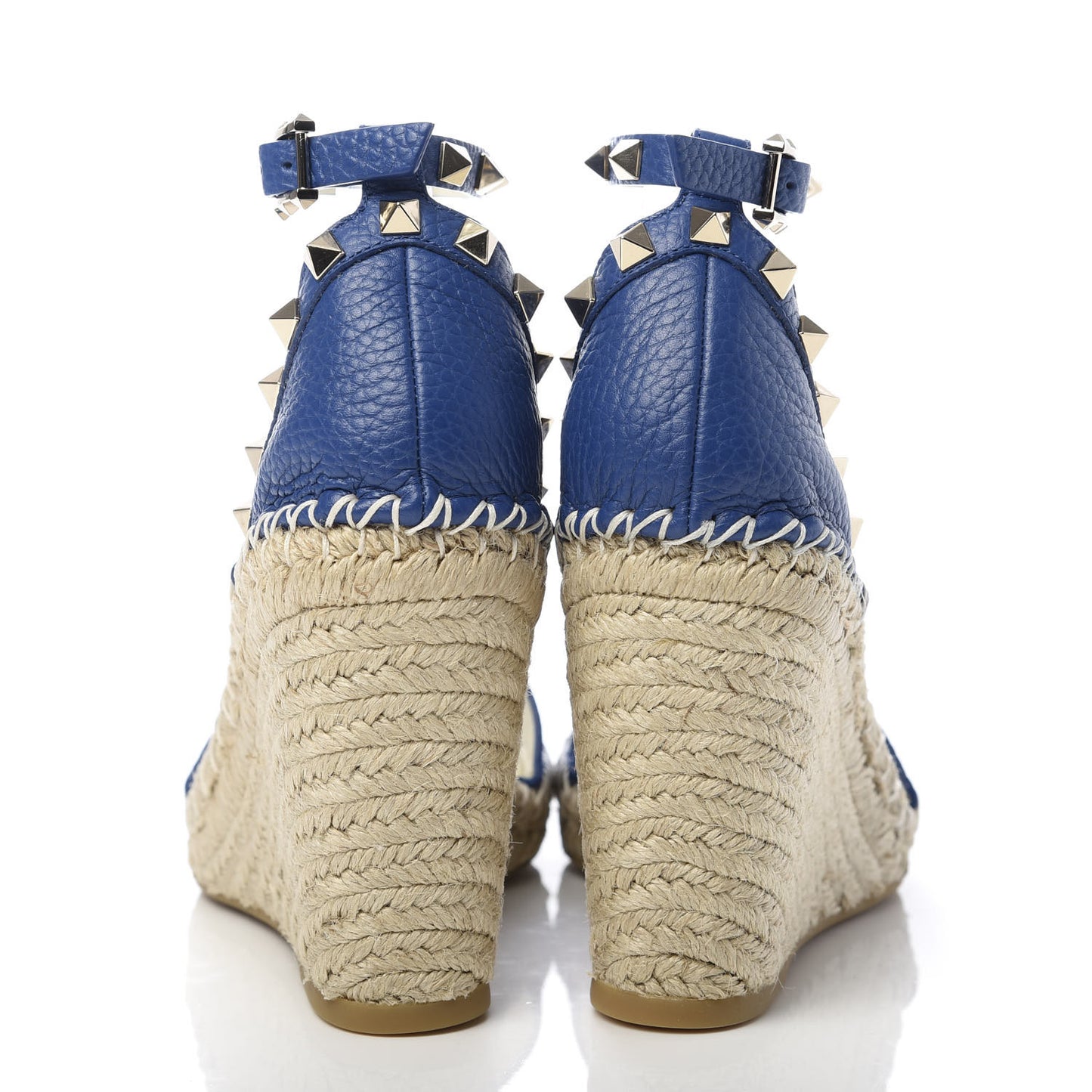 Grained Calfskin Rockstud Ankle Strap Espadrille 15/105mm Wedge Sandals 39 Blu Delft Natural