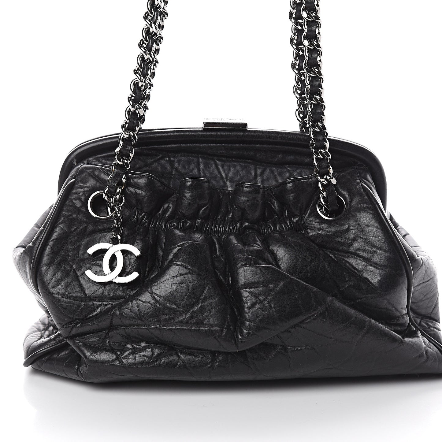 Distressed Lambskin Paris NY Framed Pleated Pouch Bag Black