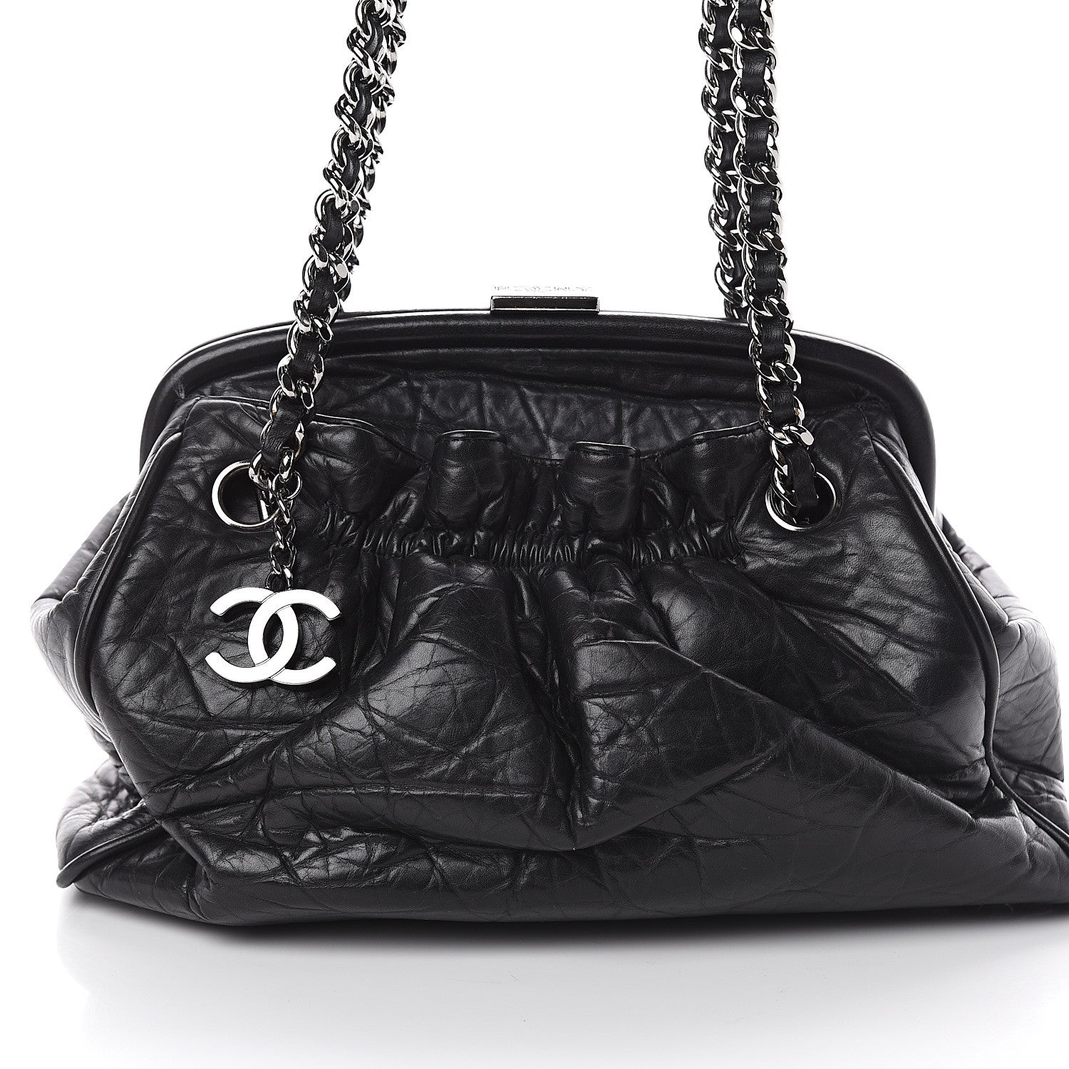 Chanel Distressed Lambskin Paris NY Framed Pleated Pouch Bag Black 7 of 9
