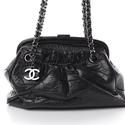 Chanel Distressed Lambskin Paris NY Framed Pleated Pouch Bag Black 7 of 9