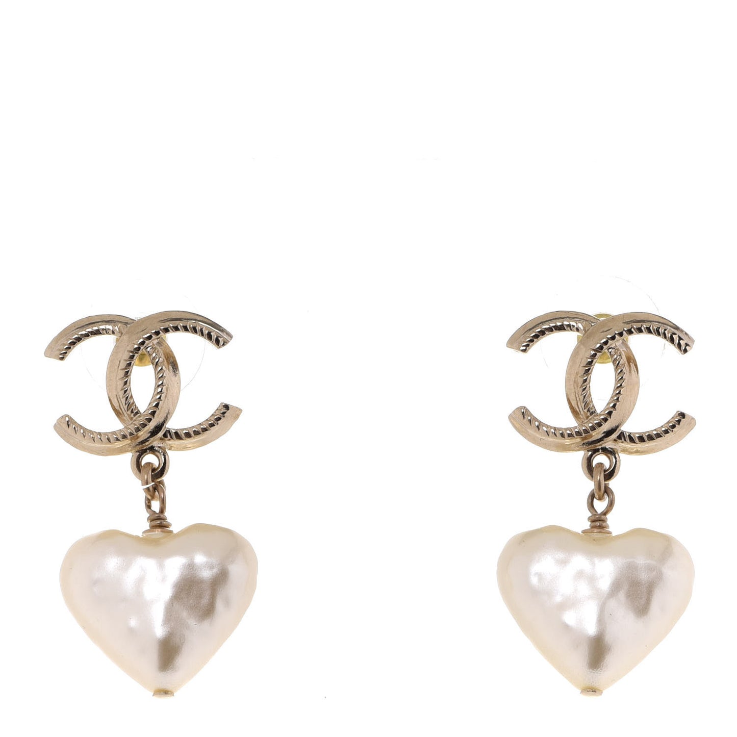 Pearl CC Heart Drop Earrings Gold
