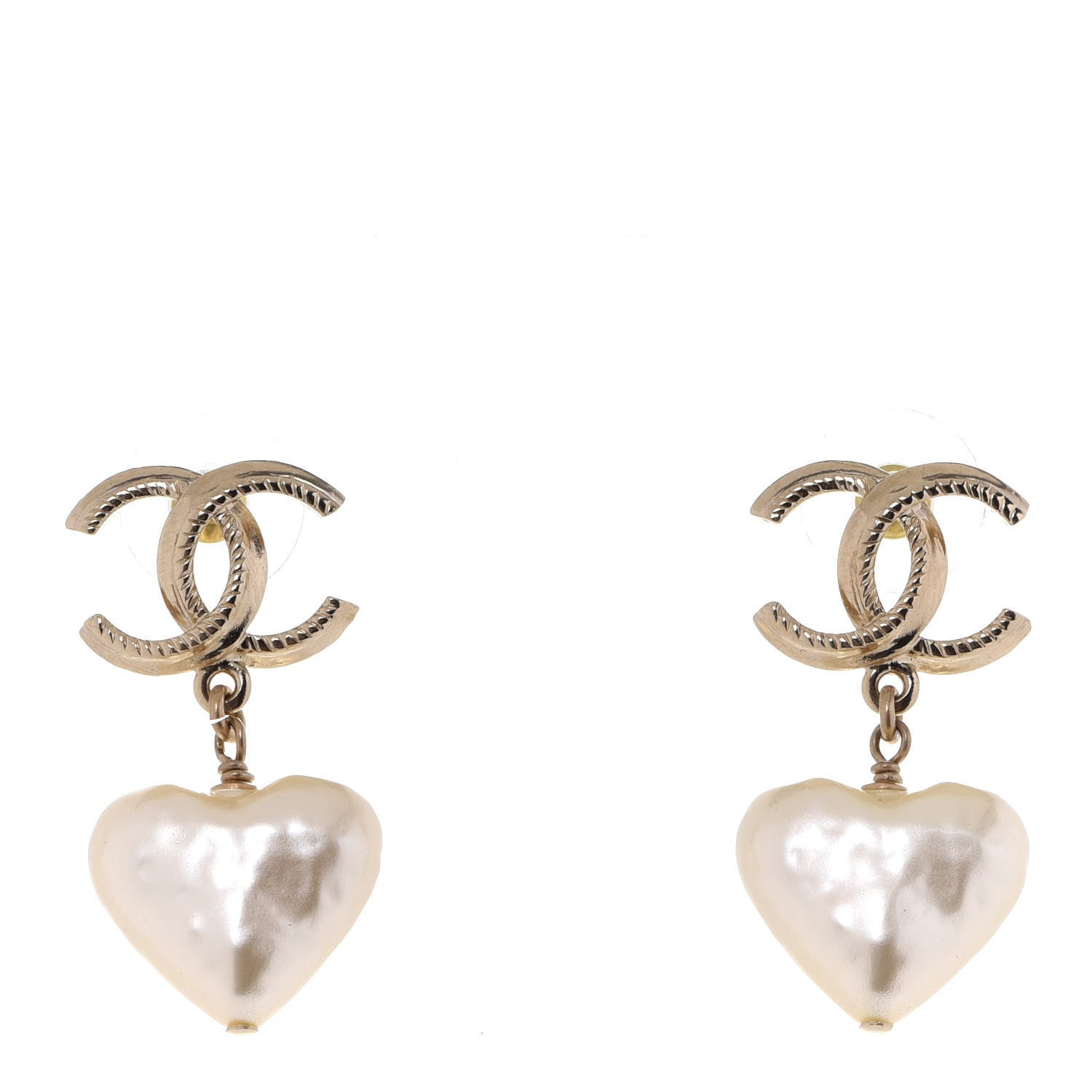 Chanel Pearl CC Heart Drop Earrings Gold 1 of 5