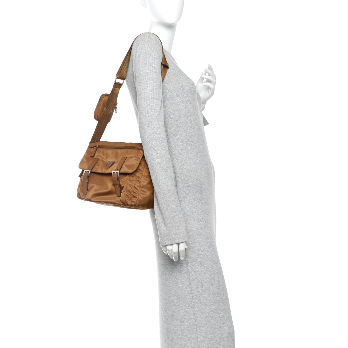 Re-Nylon Vela Saffiano Pocket Double Buckle Messenger Shoulder Bag Brandy