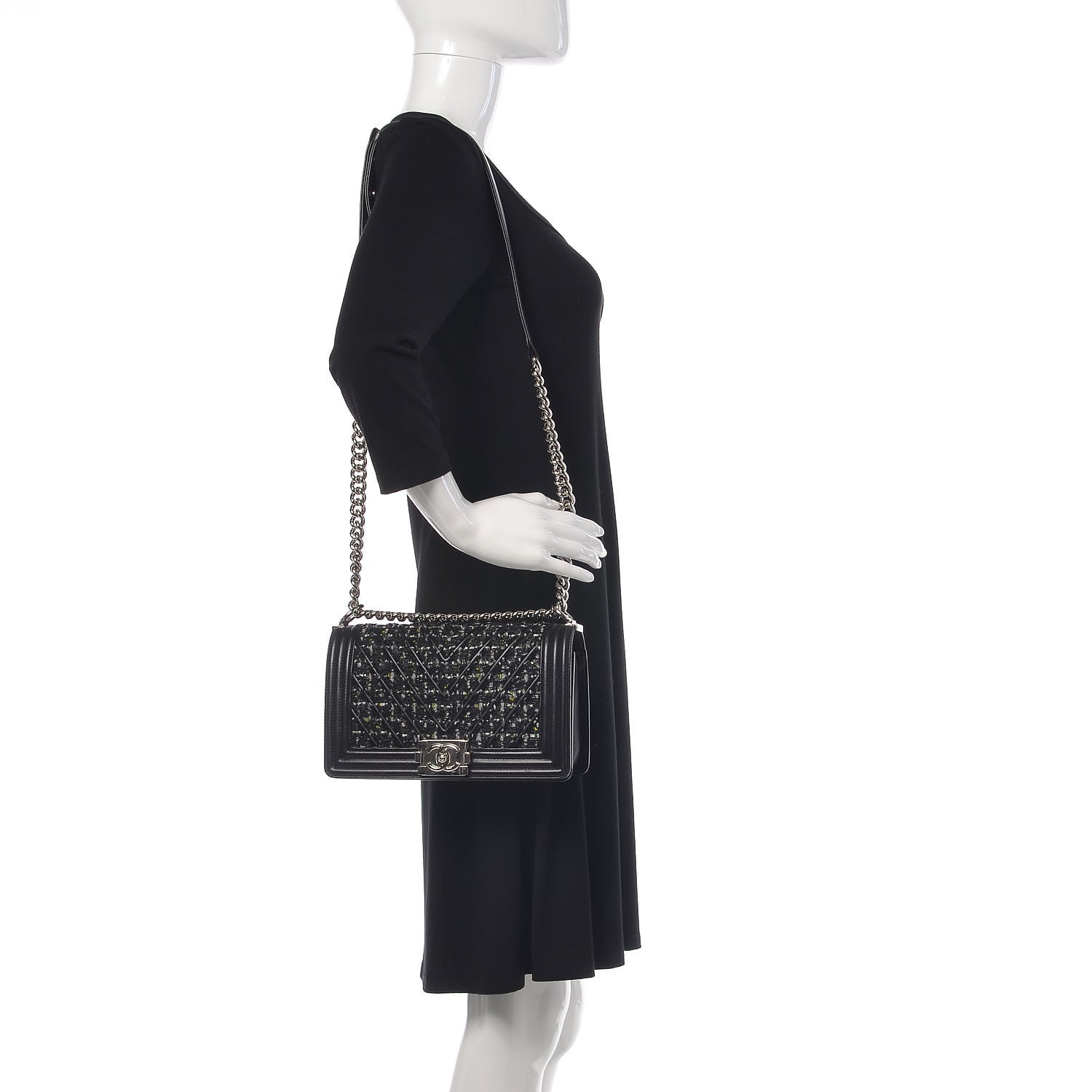 Chanel Calfskin Tweed Chain Chevron Boy Flap Black 2 of 15