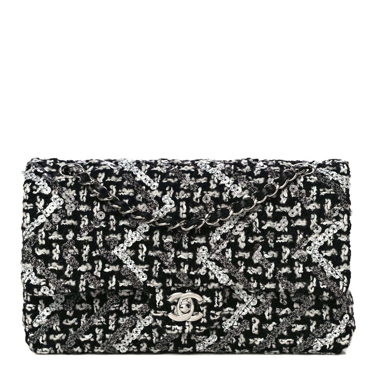 Tweed Sequin Quilted Medium Double Flap Black White