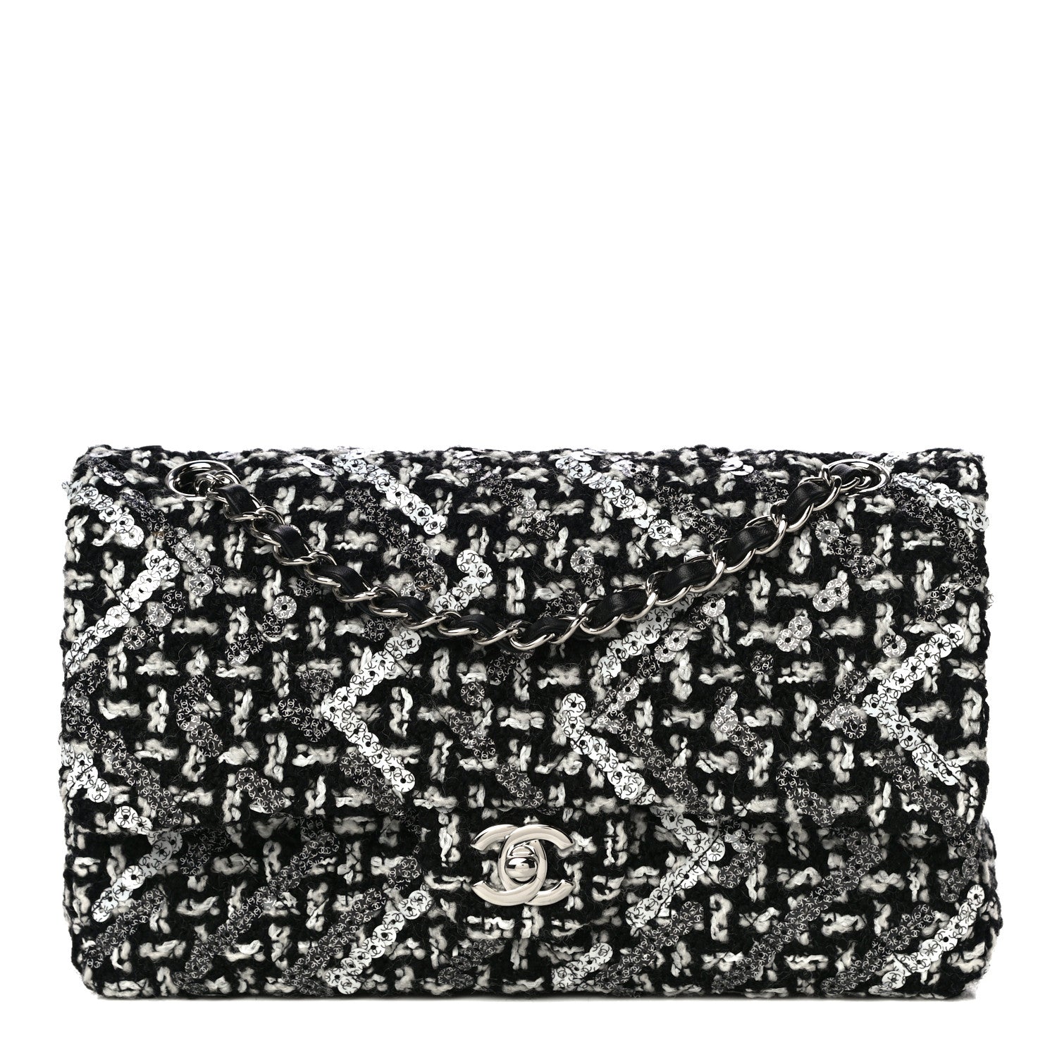 Chanel Tweed Sequin Quilted Medium Double Flap Black White 1 of 12