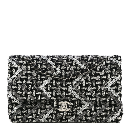 Chanel Tweed Sequin Quilted Medium Double Flap Black White 1 of 12