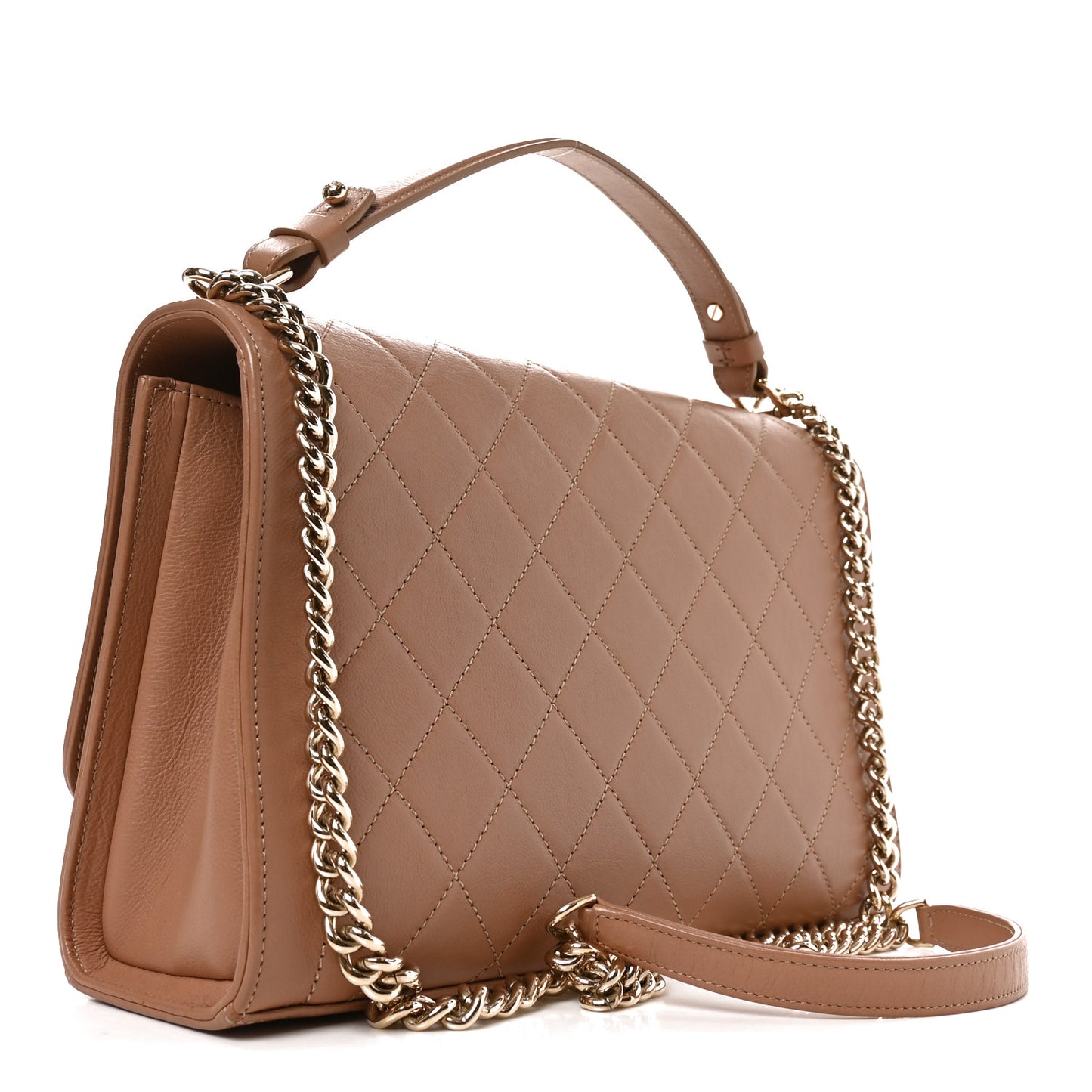 Grained Calfskin Quilted Large Label Click Flap Bag Beige