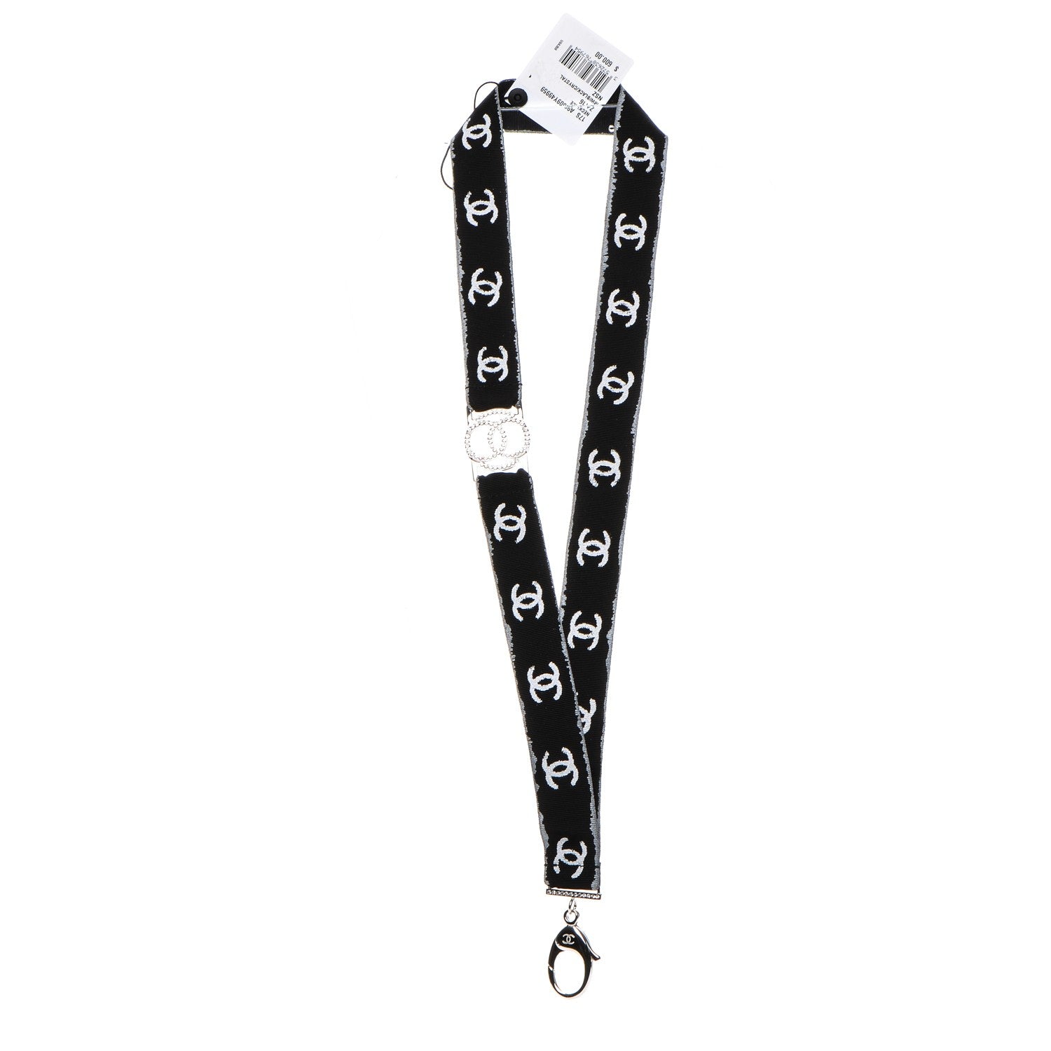 Chanel Crystal CC Lanyard Necklace Black Silver 3 of 6