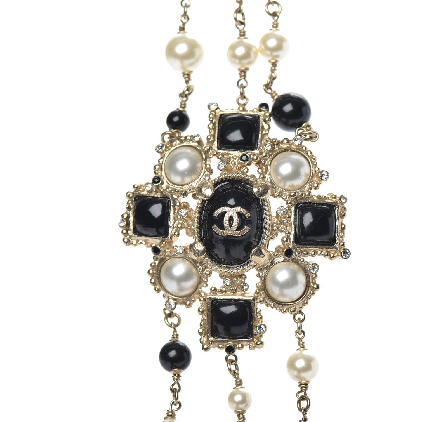 Gripoix Poured Glass Pearl CC Layered Pendant Necklace Gold Black