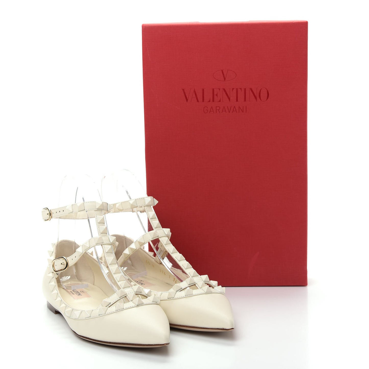 Calfskin Lacquered Monochrome Rockstud Cage Ballerina Flats 36 Avorio