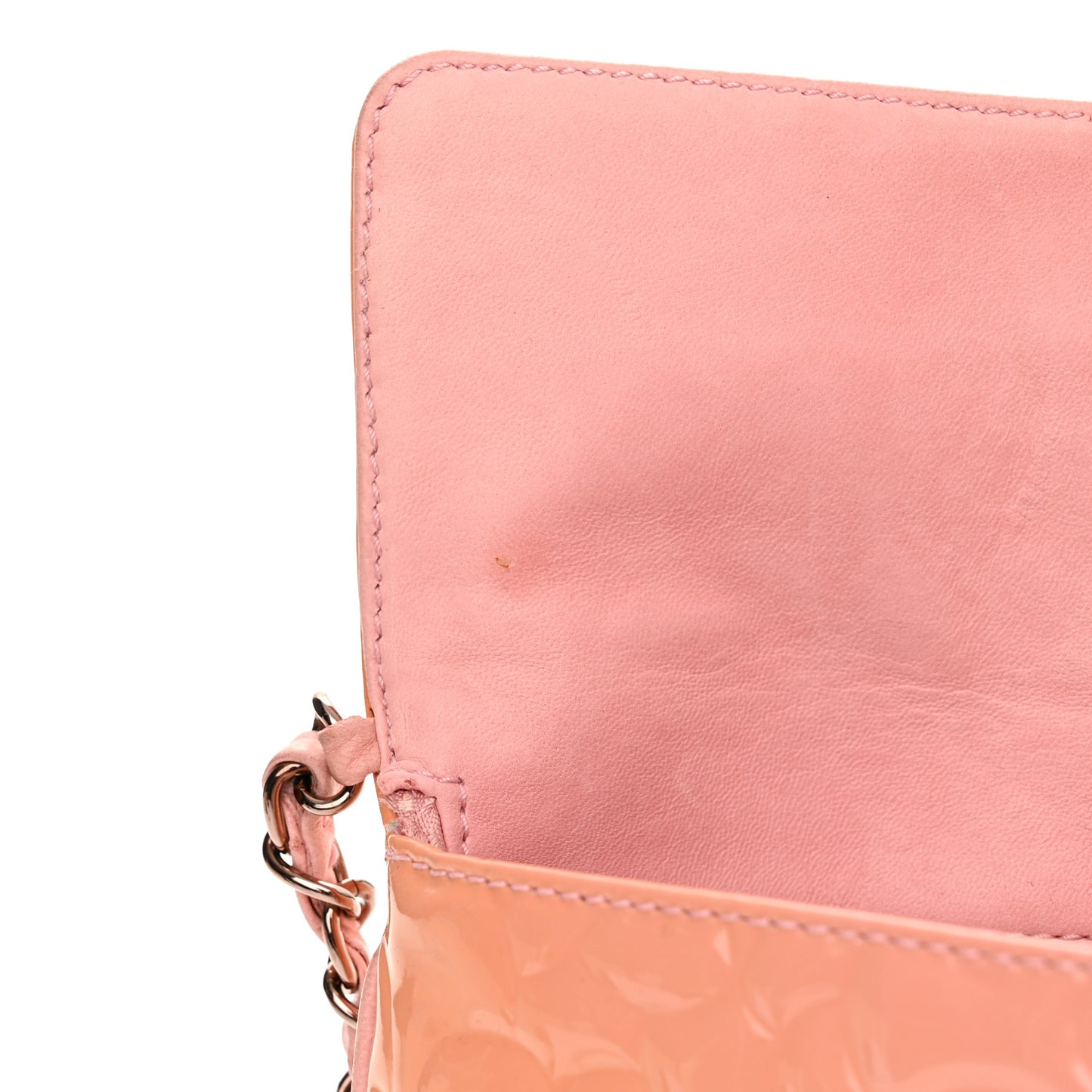 Patent Calfskin Camellia Embossed Flap Pochette Pink