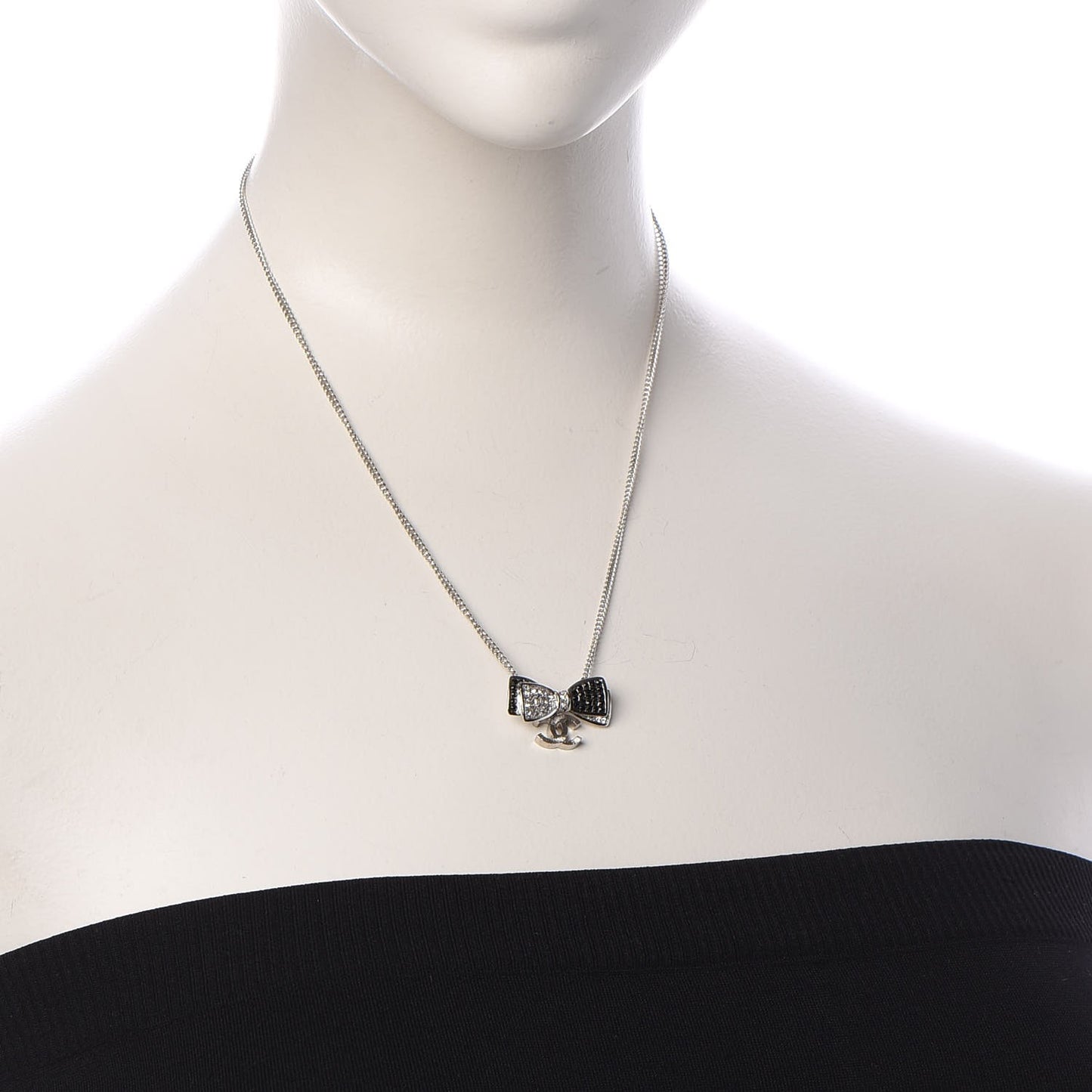 Crystal CC Bow Necklace Silver Black