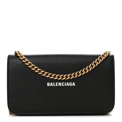Balenciaga Grained Calfskin Logo Cash Phone Holder Wallet On Chain Black White 1 of 11