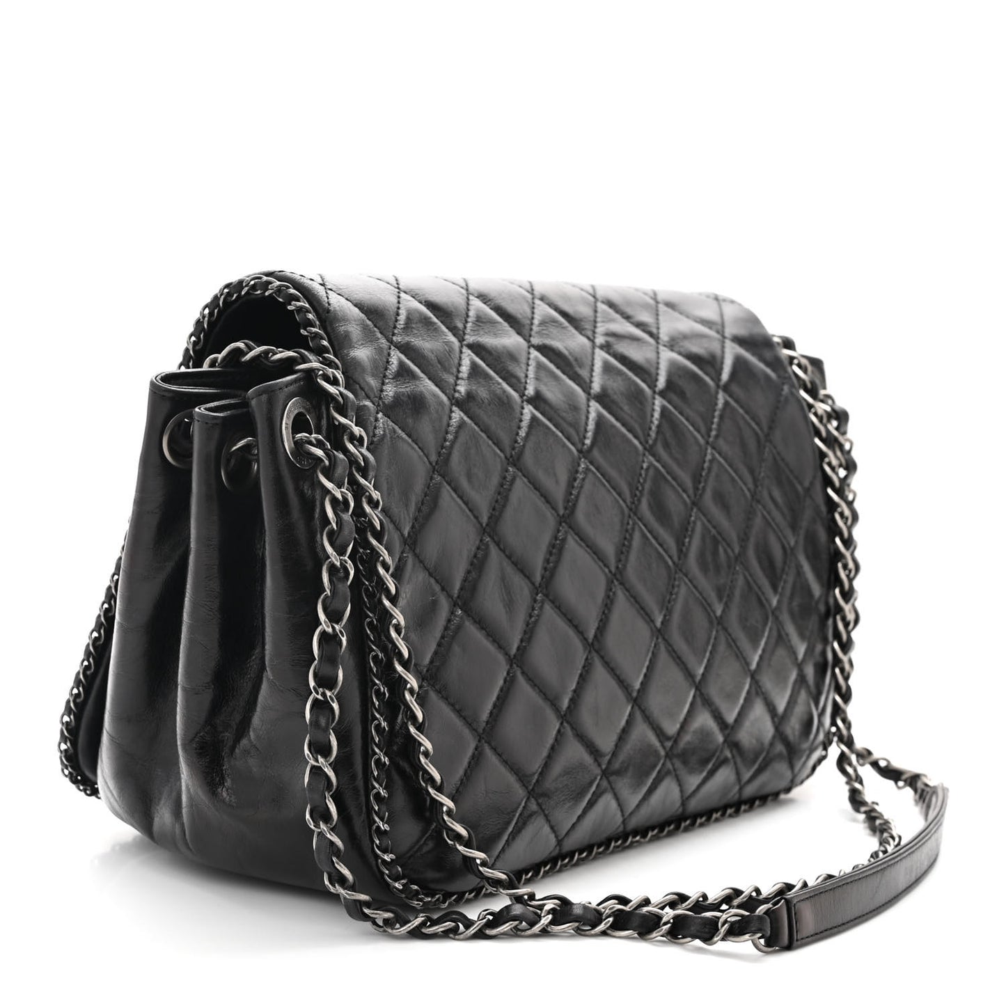 Glazed Calfskin Quilted Large CC Enchained Accordion Flap Black