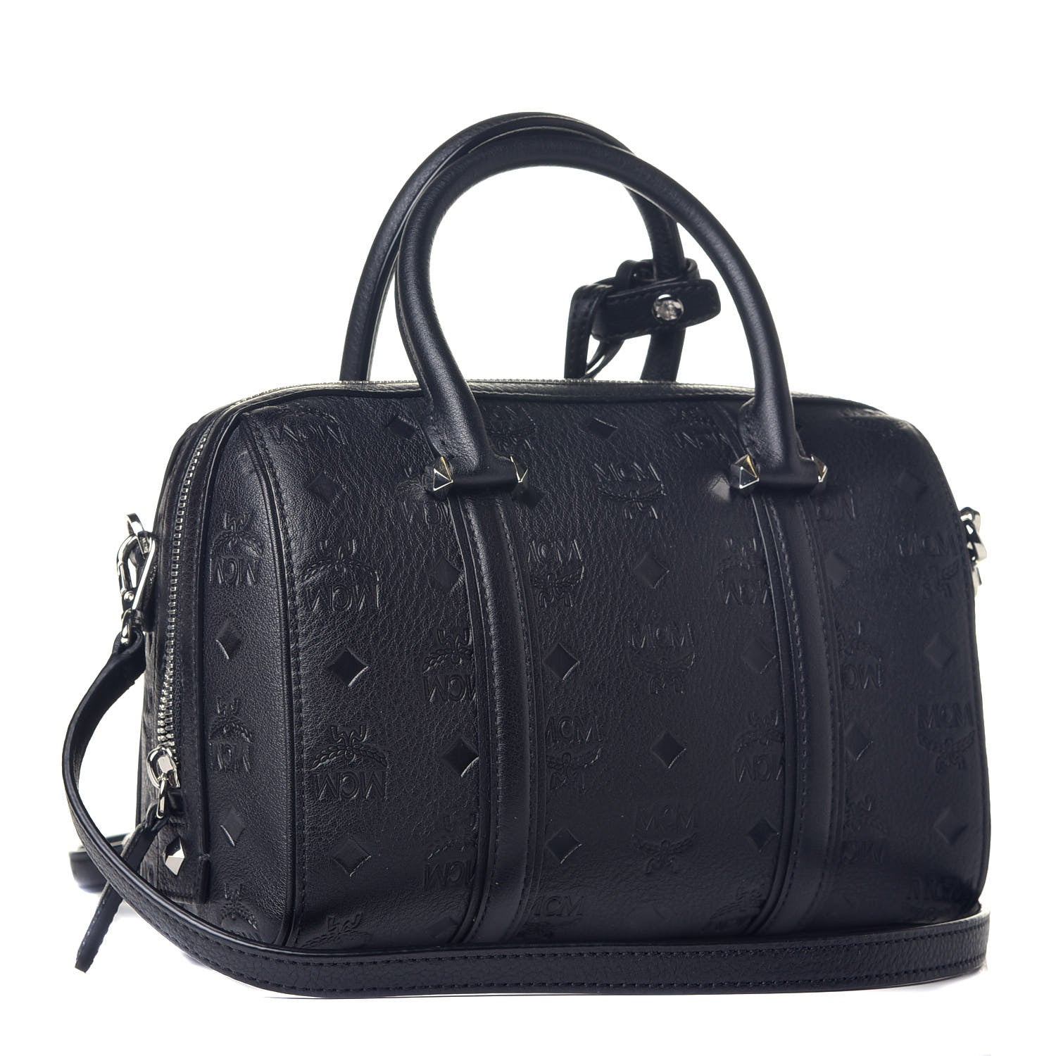 MCM Calfskin Ottomar Monogram Boston Bag Navy 4 of 9