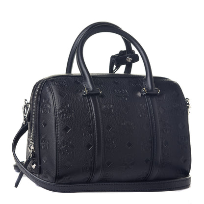 MCM Calfskin Ottomar Monogram Boston Bag Navy 4 of 9