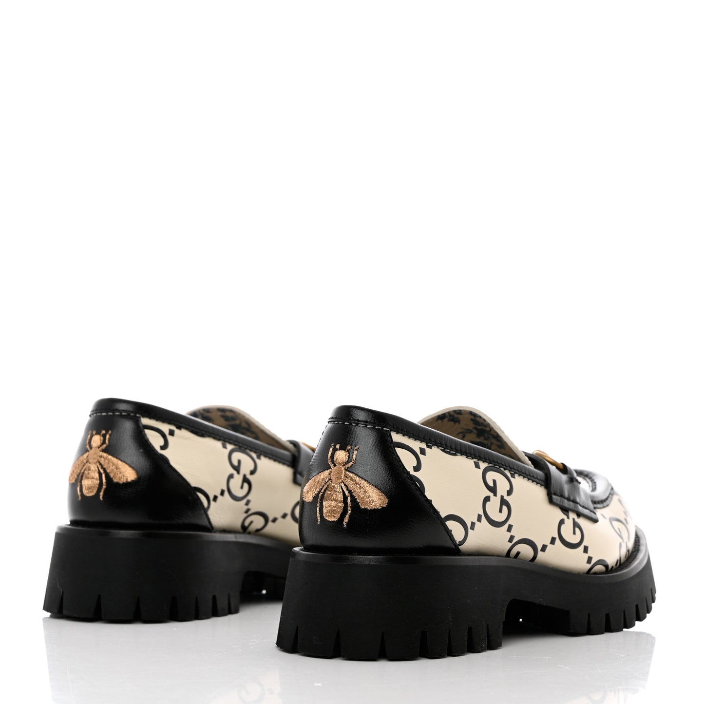 Azalea Calfskin GG Monogram Bi-Color Debossed Womens Harald Horsebit 25mm Platform Loafers 38.5 Mystic White Black