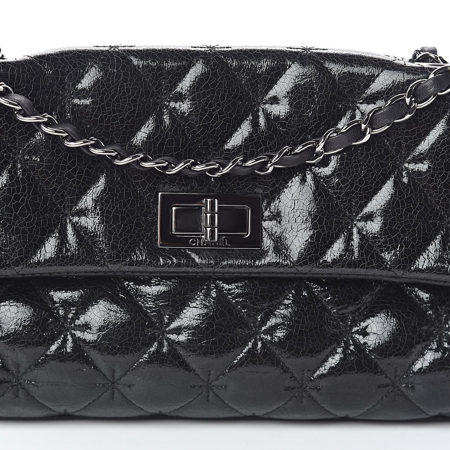 Glazed Crackled Calfskin Quilted Mademoiselle Flap Black