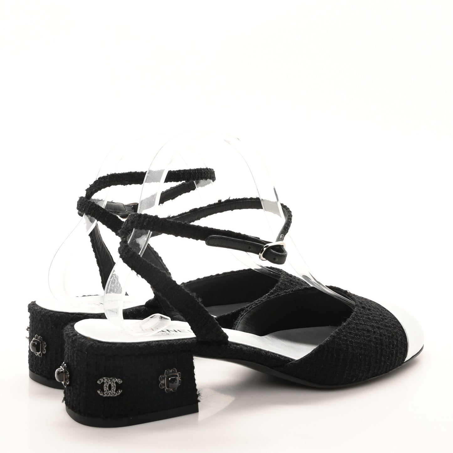 Tweed Iridescent Calfskin Cap Toe CC Slingback Pumps 39.5 Black Silver
