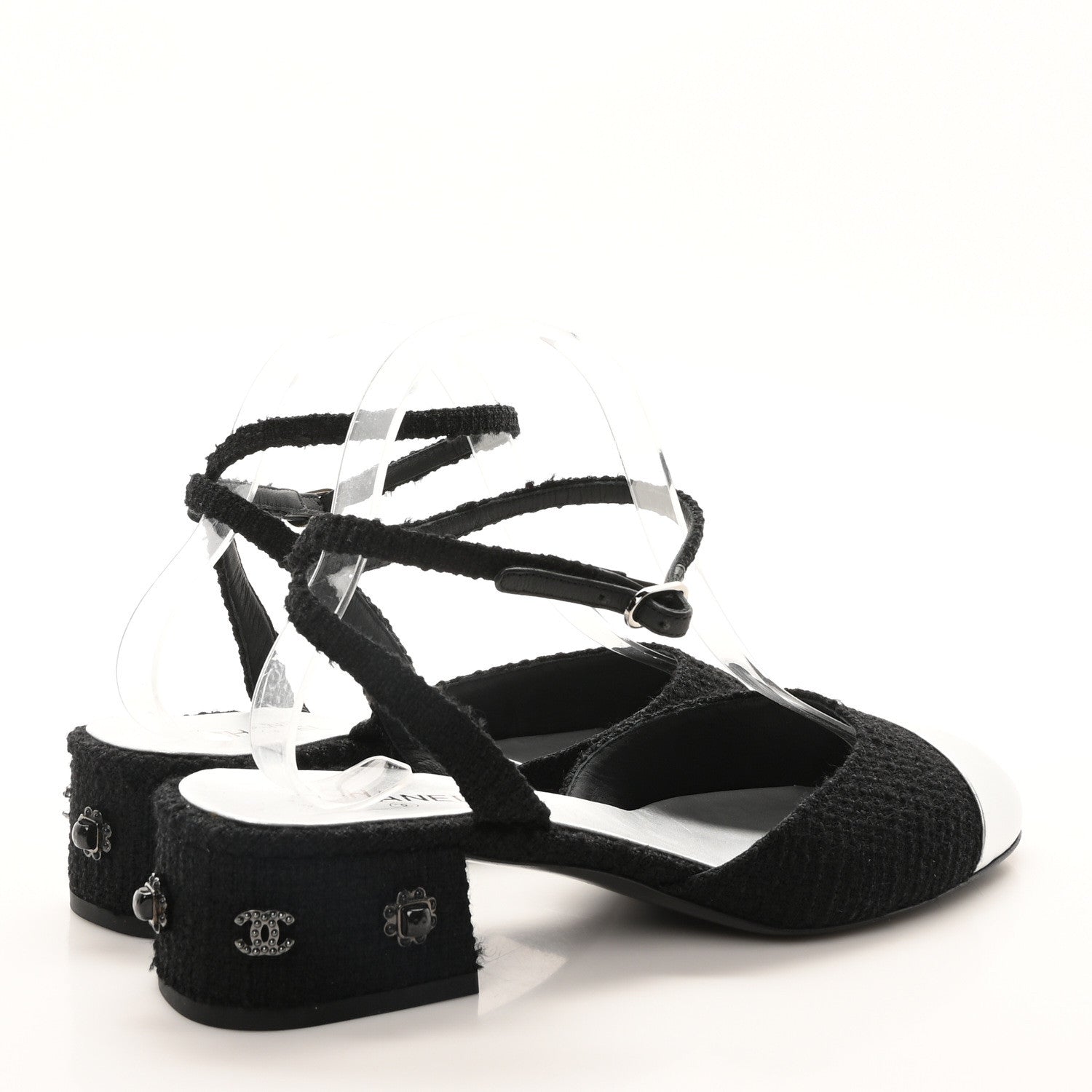 Chanel Tweed Iridescent Calfskin Cap Toe CC Slingback Pumps 39.5 Black Silver 5 of 8
