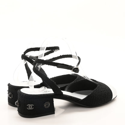 Chanel Tweed Iridescent Calfskin Cap Toe CC Slingback Pumps 39.5 Black Silver 5 of 8
