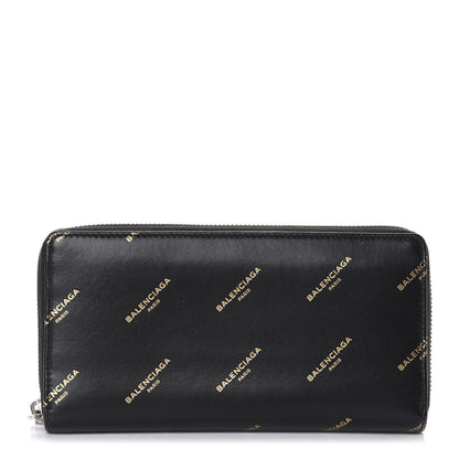 Balenciaga Calfskin Allover Logo Bazar Continental Zip Around Wallet Black Gold 1 of 9