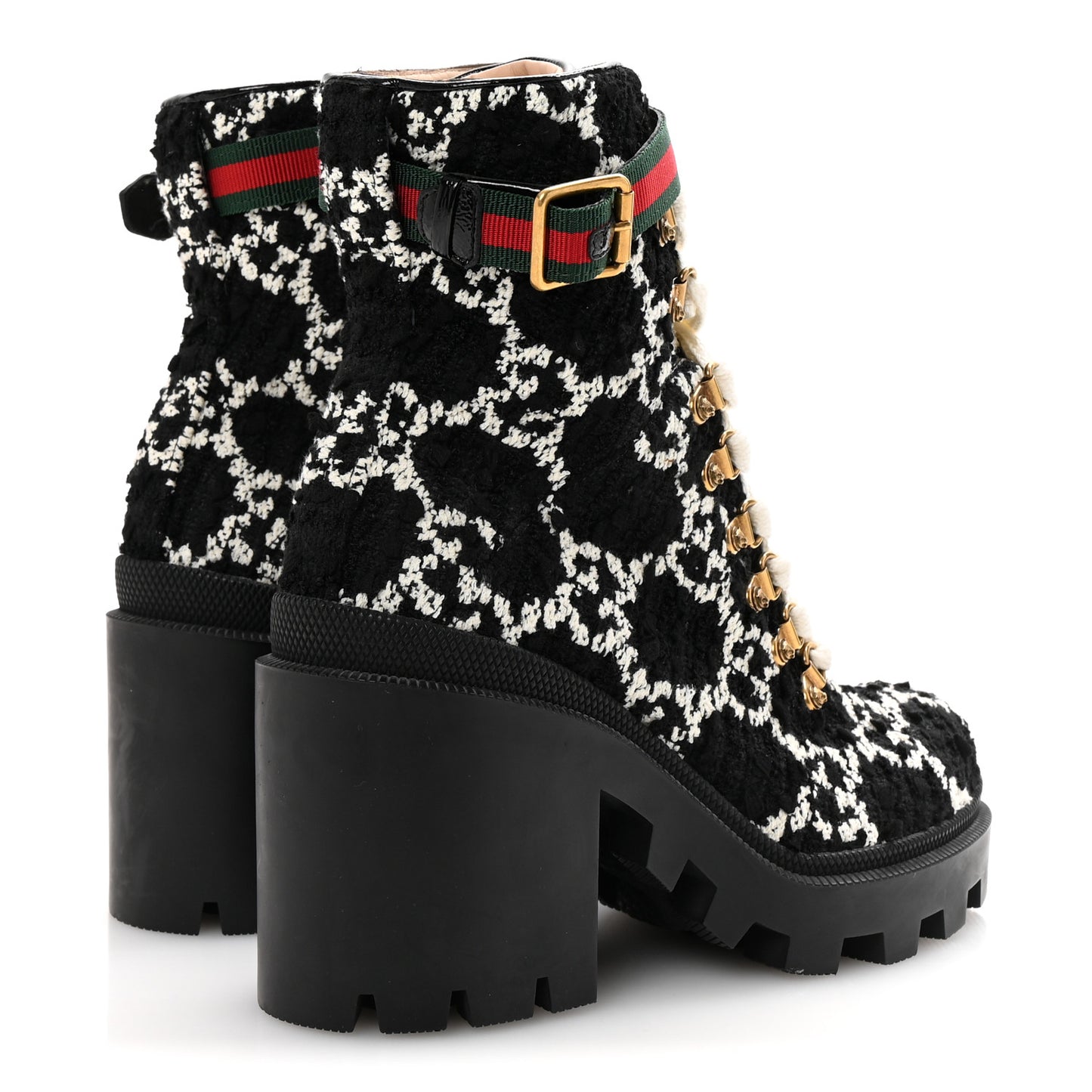 Tweed GG Monogram Lace Up Combat Ankle Boots 37 Black
