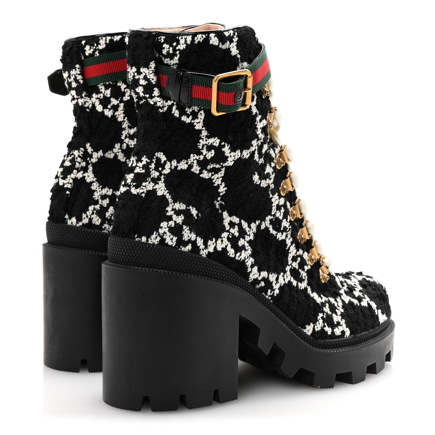 Gucci Tweed GG Monogram Lace Up Combat Ankle Boots 37 Black 5 of 8